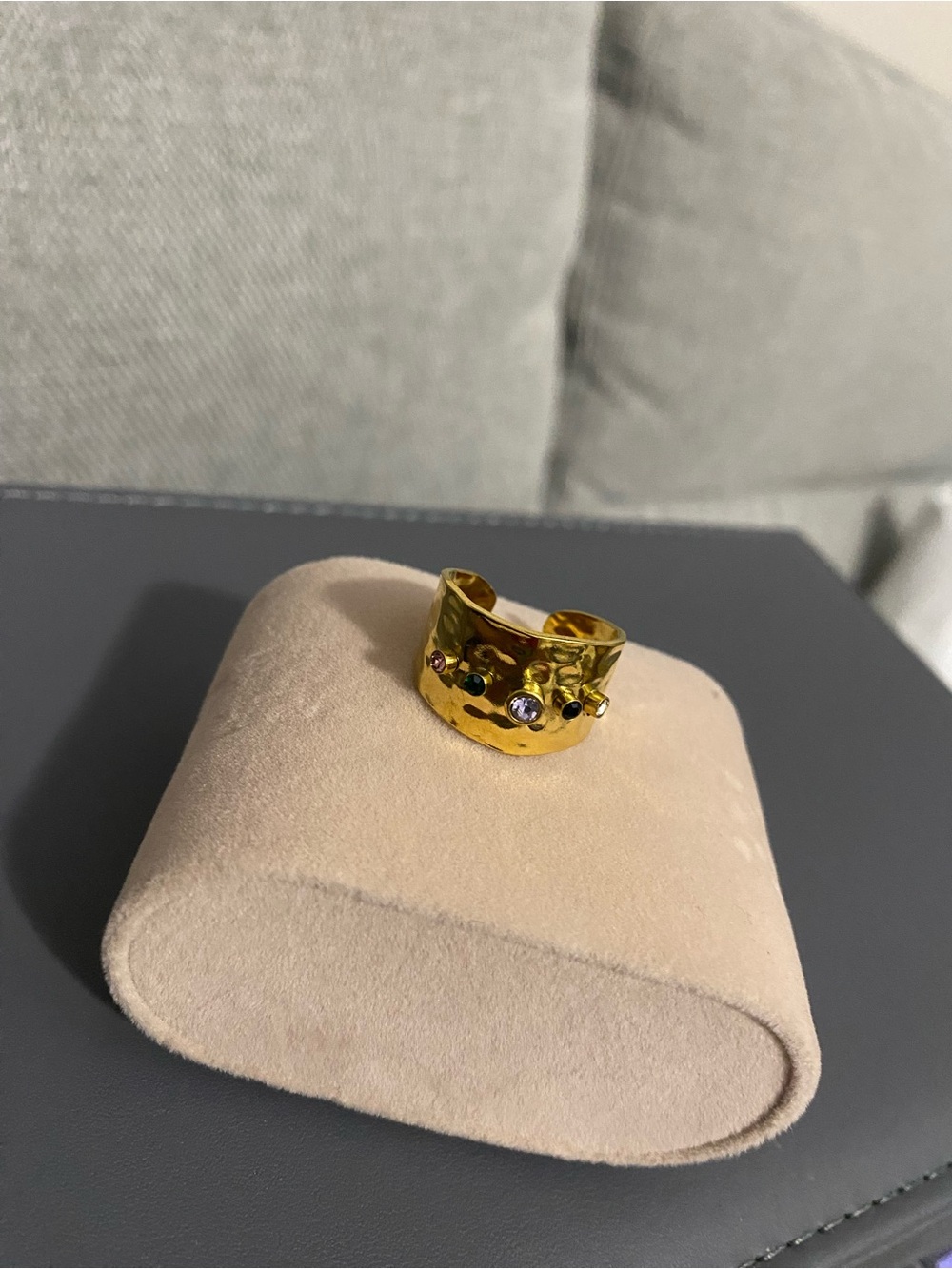 Gold-Tone Textured Crystal Accent Cuff Ring